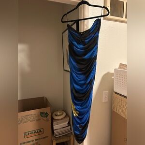 Zara Blue and Black Ruched Mesh Dress